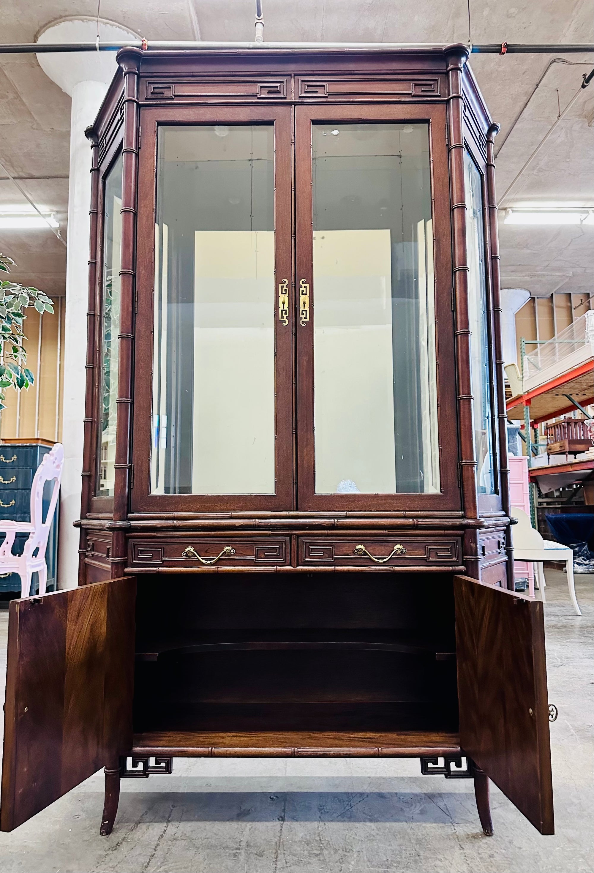 Chinoiserie China Cabinet by Century with Faux Bamboo, Greek Key, Mirror & Fretwork