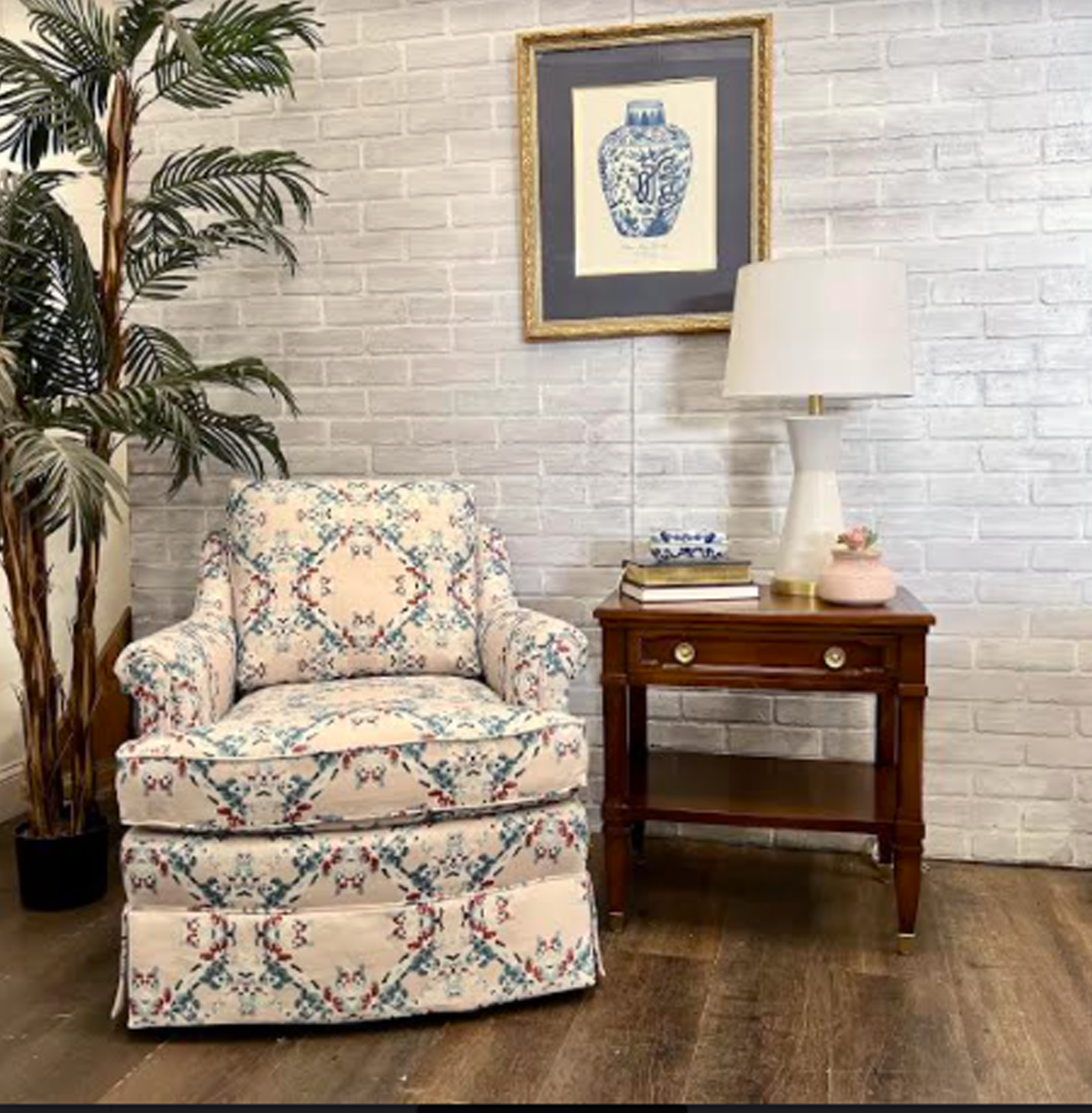 AVAILABLE: Upholstered Arm Chair in blush / blue floral print