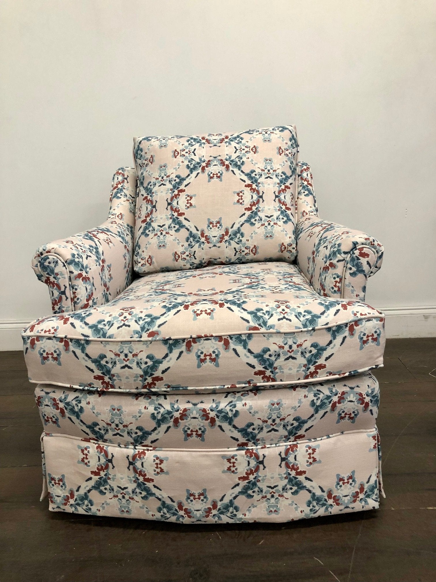 AVAILABLE: Upholstered Arm Chair in blush / blue floral print